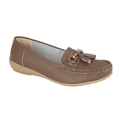 Image of Jo &amp; Joe Ladies Leather Loafer Shoes Plimsole Pumps Womens Flat Coffe Size UK 4 EU 45