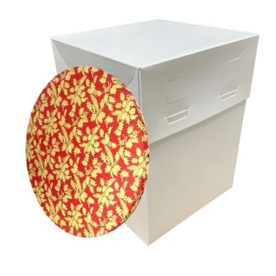 Image of LARRYROO 12&quot; x Tall White Cake Box with Adjustable Height &amp; Festive Round Christmas Drum Board Combo from 20cm to 30cm (Red)