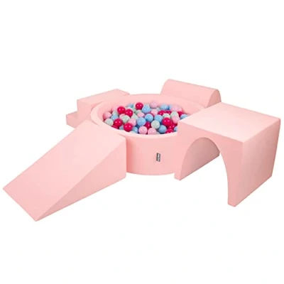 Image of KiddyMoon Foam Playground For Kids With Round Ballpit (300 Balls ∅ 7Cm/2.75In) Soft Obstacles Course And Ball Pool, Made In EU, Pink:Light Pink/Dark Pink/Babyblue/Mint