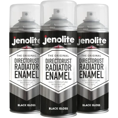 Image of JENOLITE Directorust Radiator Enamel Spray Paint BLACK Gloss Finish Resistant to 130ºC Durable, Scuff Resistant, Non Yellowing No Primer Needed 3 x 400ml