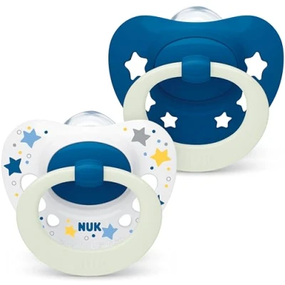 Image of NUK Signature Night Baby Dummy 6 18 Months Soothes 95% of Babies Heart Shaped BPA Free Silicone Soothers Glow in The Dark Includes Case Blue Stars 2 Count