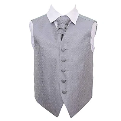 Image of DQT Boys Greek Key Patterned Wedding Waistcoat and Cravat Silver 32&quot;