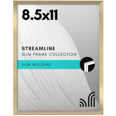 Image of Americanflat 8.5x11 Picture Frame in Gold Thin Border Photo with Shatter Resistant Glass Horizontal and Vertical Formats for Wall Tabletop