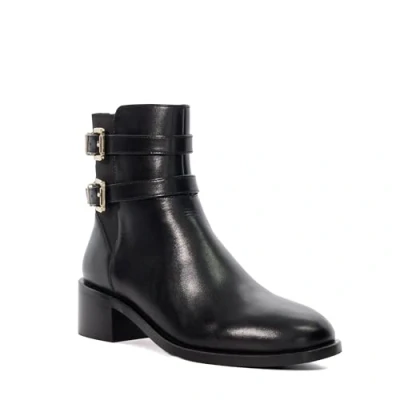 Image of Dune Ladies Patter Leather Double Buckle Block Heel Boots Size UK 6 Ankle Black