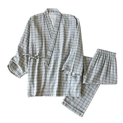 Image of Men&#039;s Japanese Kimono Double Gauze Cotton Robe Plus Size Zen Clothing Taoist (Size M, C2)
