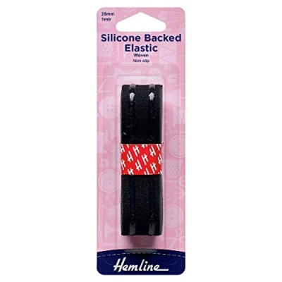 Image of Hemline Silicone Backed Elastic 25mm x 1m Black Non Slip Support for Dresses, Strapless Lingerie, Costumes, Socks &amp; Stockings 1 line