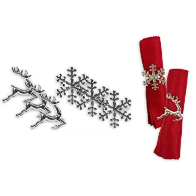 Image of Napkin Rings Set of 6 Silver Snowflake Reindeer Christmas Lunch Party Tableware Decorations Holder