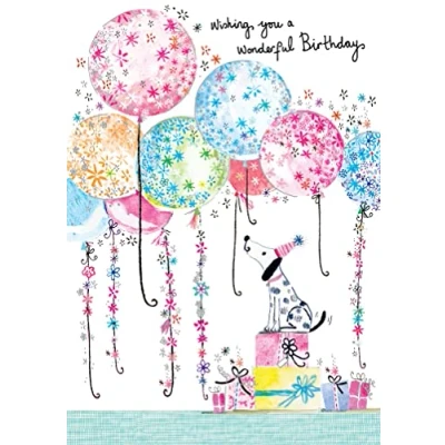 Image of Paper Rose Daisy Patch Girl&#039;s/Female Open Birthday Card from Dalmatian, Balloons and Presents Foil Finish