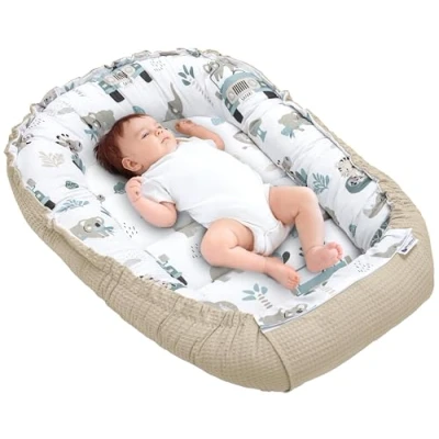 Image of Medi Partners Baby nest Pod Newborn Sleepyhead 100% Cotton Waffle 100x60x15cm Bed Pillow Accessories Cocoon for Babies (Mint Zoo with grey Waffle)
