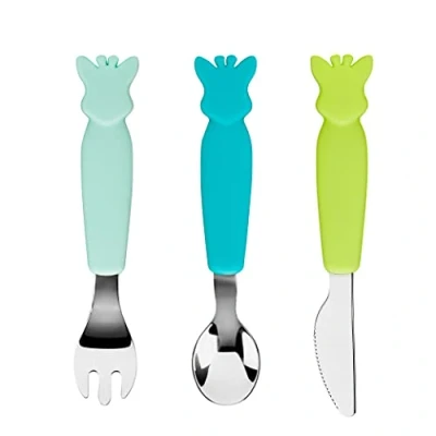 Image of Sophie la Girafe 3 Piece Cutlery Set Fork, Knife Fork and Spoon Silicone Giraffe Shape on Sleeves Learn Like a Big Person