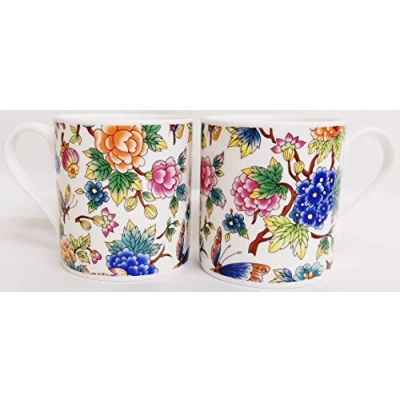Image of Magic Garden Mugs Set 2 Fine Bone China Balmoral Cups Multi Colour Flowers Butterflies Hand Decorated in UK