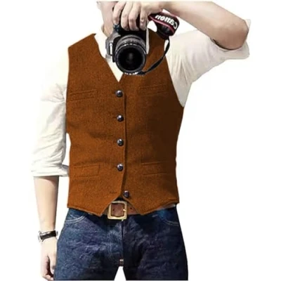 Image of Solovedress Mens Vintage Waistcoat Tweed Wool Regular Fit Suit Vest for Wedding Groomsmen(Orange,XXXL)