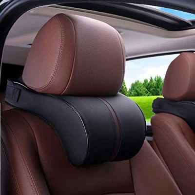 Image of HomDSim Car Seat Neck Pillow Headrest Head Support Cushion Pad Soft Memory Foam Artificial Leather Comfortable With Adjustable Strap Black