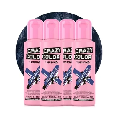 Image of Crazy Color Metallic Sapphire Semi Permanent 4 Pack Quad Hair Dye. Highly Pigmented Deep Blue Conditioning &amp; Oil Nourishing Vegan Formula No Bleach or Ammonia 400ml