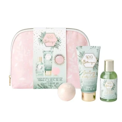 Image of Style &amp; Grace Spa Botanique Cosmetic Bag Gift Set Eco Packaging 100ml Body Lotion + Wash 55g Bath Fizzer Recycled Fabric