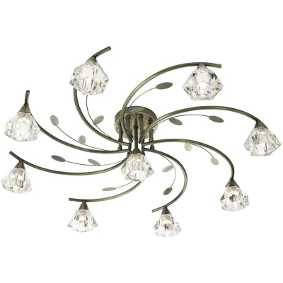 Image of Sierra 9 Light Semi Flush Multi Arm Ceiling Antique Brass and Glass, G9