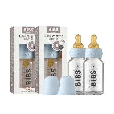 Image of BIBS Baby Glass Bottle 2 Pack 110ml. Anti Colic. Vented Round Natural Rubber Latex Nipple. Supports Breastfeeding, Complete Set 110 ml (Pack of 2), Blue