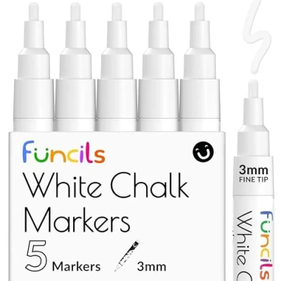 Image of Funcils White Chalk Pens Fine Tip (5 Pack 3mm) Chalkboard Pens, Liquid Wipeable for Blackboards, Board Pen, Glass, Window Markers, Pen