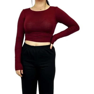 Image of Womens Crop Long Sleeve T Shirt Ladies Short Plain Basic Round Neck Shirts Top 8 14 Wine