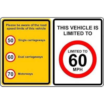Image of Please be aware of the road speed limits This vehicle is limited to 60mph sign Self adhesive sticker (600mm x 400mm)