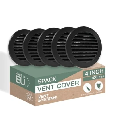 Image of Vent Systems 100 mm / 4&quot; Inch Round Soffit Cover Pack of 5 Black Louvered Plastic Grill Grille with Screen Mesh HVAC, Ducting, Pipe Air Supply Vents for Bathroom, Kitchen