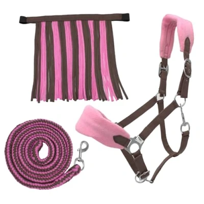 Image of PFIFF Sunny 103103 Headcollar Set, 3 Piece Set with Headcollar, Knit and Fly Fringes, Individually Adjustable, Brown Pink, Full