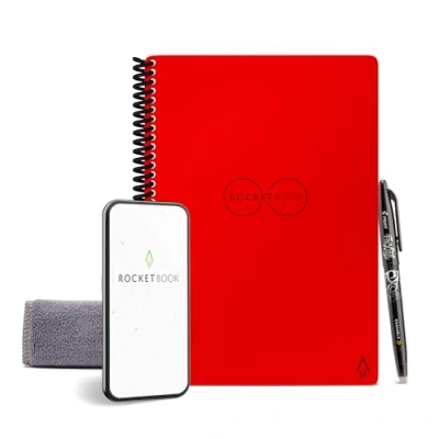 Image of ROCKETBOOK Reusable Digital Notebook Smart Notepad A5 Red Wirebound Note Book To Do List Pad, Dotted Paper with Frixion Erasable Pen and Wipe, Office Gadget App Reduce Waste