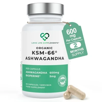Image of Organic Ashwagandha KSM 66® High Strength 600mg per Capsule 5% Withanolides Added Bioperine® for Increased Absorption 60 Vegan Capsules Day Supply Zero Bulking Agents or Fillers