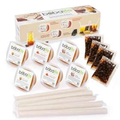 Image of Bobalife Barista Selection Popping Boba Multipack Gift Box 6 x 100g Tubs &amp; 4x 50g Instant Tapioca Pearls for Bubble Tea, Iced Drinks, Cocktails, Slush Desserts Vegan Gluten free