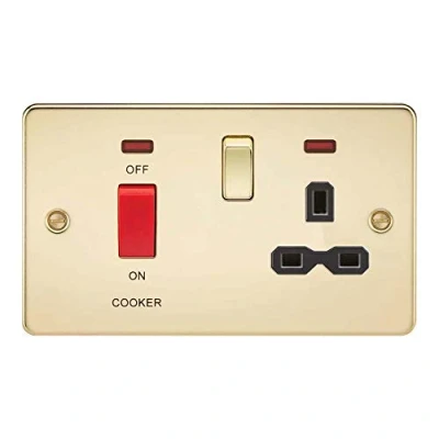 Image of KnightsBridge Flat plate 45A DP switch and 13A switched socket with neon polished brass black insert
