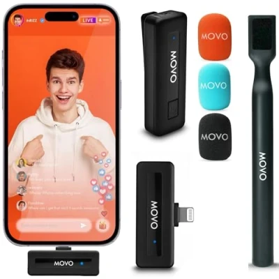 Image of Movo Wireless Mini Ultra Compact Lavalier Microphone for iPhone with WMX HM Handheld Adapter Lapel Mic Handle Mount Content Creators, Interviews, Reporting and More (Lightning)
