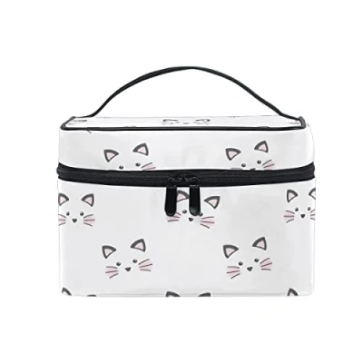 Image of Makeup Bag, Cute Cat Face Print Cosmetic Toiletry Storage Organiser Case Large Travel Handle Personalised Pouch with Compartments for Teenage Girl Women Lady White