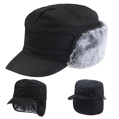 Image of Winter Elmer Fudd Baseball Hat with Visor Ear Flaps Warm Thermal Trapper Bomber Hats for Men Women Black