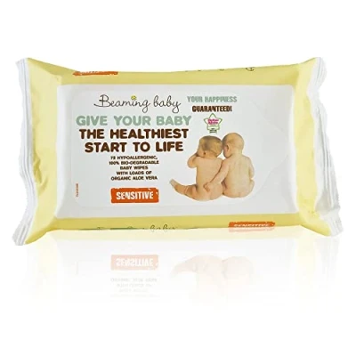 Image of Beaming Baby Certified Organic, 100% Biodegradable Wipes 72 Wipes. Plastic Free, Hypoallergenic with Organic Aloe Vera. Naturally Gentle on Newborn Sensitive Skin. Recyclable Packaging