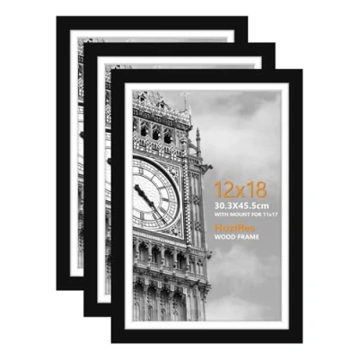 Image of HoziRes Picture Frames 12 x 18 inch, Wooden Photo with Mount in Black, Set of 3 Frame for Tabletop and Wall Mounting, 30 45cm Poster Printing