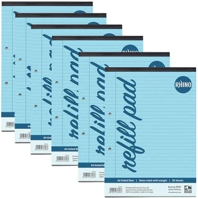 Image of RHINO A4 Refill Pad, Writing 100 Page / 8mm Lined, 6 Pack, Blue Lined Paper for Dyslexia &amp; SEN, Office School Stationery Supplies