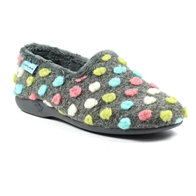 Image of Lunar Ladies&#039; Helix Grey Polka Dot Slippers Soft Fleece Lining, Slip On Design, Cushioned Insole, Non Sole, Cozy Indoor Comfort 4 UK