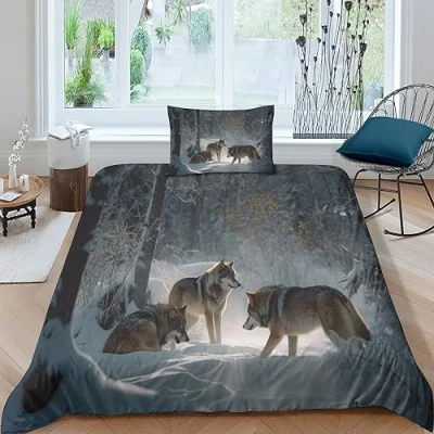 Image of GEEYOU wolf Pack Luxe Quilt Cover Set Hidden Zipper Duvet with Pillowcases King Bedding Soft Microfiber Comforter Various Sizes for Kids Adults Single（135x200cm）