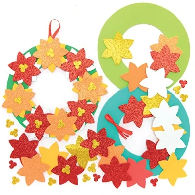 Image of Baker Ross FE918 Poinsettia Wreath Kits Pack of 3, Ring to Decorate and Display, Make Your Own Decorations, Ideal Kids Arts Crafts Project
