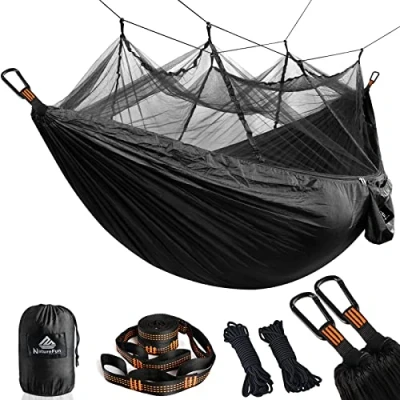 Image of NATUREFUN Travel Bug Net Camping Hammock 300kg Load Capacity,(275 x 140 cm) Breathable,Quick drying Parachute Nylon 2 Premium Carabiners,4 Slings Included For Outdoor Indoor Garden