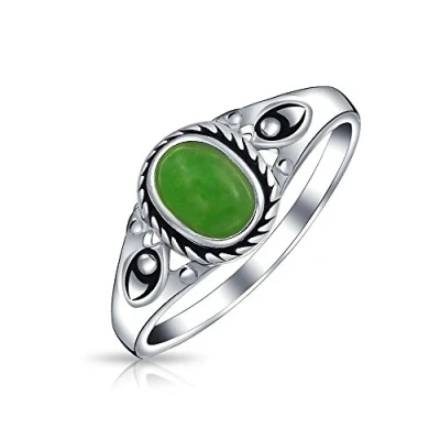 Image of Petite Cabochon Boho Fashion Bali Style Oval Dyed Green Jade Bezel Filigree Band Ring For Women .925 Sterling Silver August Birthstone