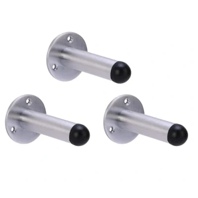 Image of HANDLEZONE® 3 Pack 75mm / inch Projecting Skirting Or Wall Mounted Door Stop, Rubber Buffer Stopper Satin Chrome