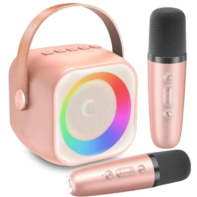 Image of YunLone Karaoke Machine for Kids Adults, Mini Portable Bluetooth Speaker with 2 Wireless Microphone and Lights, Birthday Gifts Girls Ages 4, 5, 6, 7, 8, 9, 10, 12+ Family Home Party