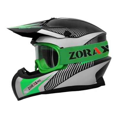 Image of Zorax Black/Silver/Green XL (61cm) ZOR X305 Motocross Helmet &amp; Motorcycle Goggles MX Quad ATV Sports Enduro Crash Dirt Bike ECE 22.06 Certified