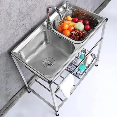 Image of Outdoor Sink Double Bowl with Stand, Stainless Steel Utility Hot and Cold Faucet, Hand Wash Basin for Kitchen Laundry Room Garage