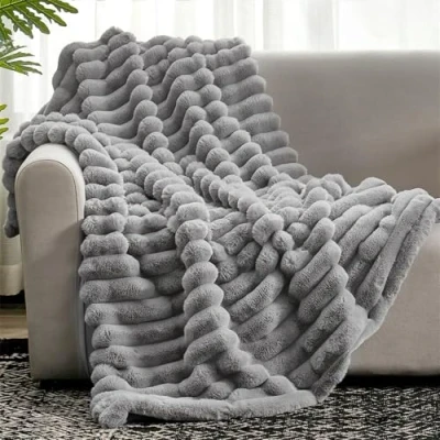 Image of FASCINATDECO Thick Rabbit Plush Throw Blanket Super Soft Cozy Fuzzy Faux Fur Double Layer Fabric Fluffy Blankets Warm Bed Throws for Couch Sofa, Striped Grey, 230x250cm