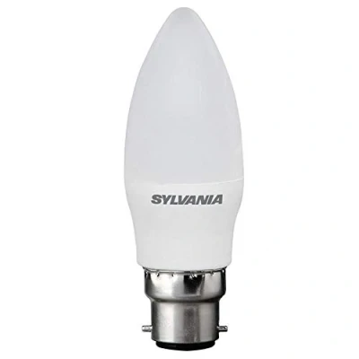 Image of SYLVANIA LED Light Bulb, Frosted Finish, Candle Shape, B22 Cap, 40W Equivalent Wattage, 470 Lumens, Warm White Colour (2700K), Non Dimmable. for All Rooms in The House and Commercial Applications.