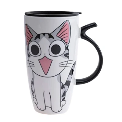 Image of lachineuse Happy Cat Mug 600 ml Large XXL White Porcelain Japanese Tea &amp; Coffee Cup with Insulated Lid Kawaii Lucky Japan Asia Gift Idea Giant