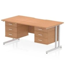 Image of Impulse 1600 x 800mm Scalloped Edge Straight Office Desk Oak Top Silver Cantilever Leg Workstation 2 3 Drawer Fixed Pedestal