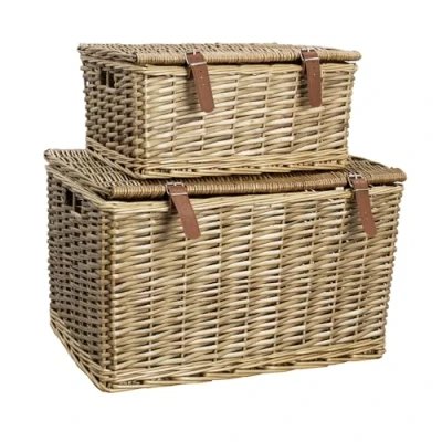 Image of JVL Handmade Buff Wicker Hampers with Faux Leather Straps, Set of 2
